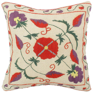handmade  Pillow Beige Rust Hand-Woven SQUARE 100% Wool Suzani Throw Pillow